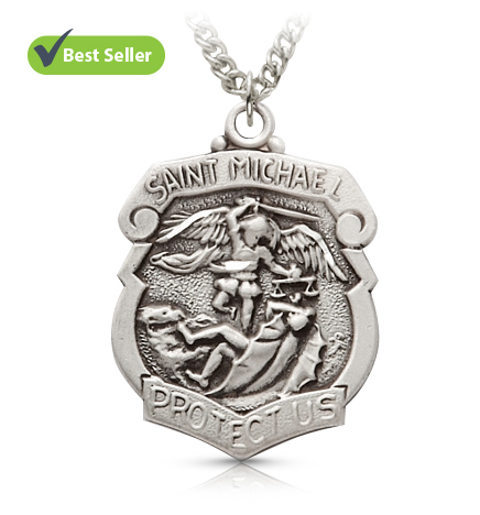 Sterling Silver St. Michael Engraved Shield Medal, Patron Saint of Police Officers - 1 1/8"