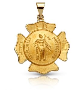 14K Gold Large Shield St. Florian Patron Saint of Fire Fighters (Hollow Medal) - 7/8"