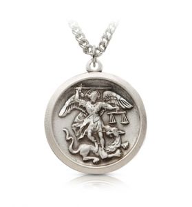 Sterling Silver Round St. Michael Medal, Patron Saint of Police Officers - 7/8"