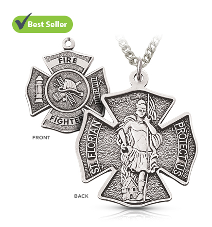 Sterling Silver Firefighter Shield Medal with St. Florian on Back, Patron Saint of Firefighters - 1 1/8"