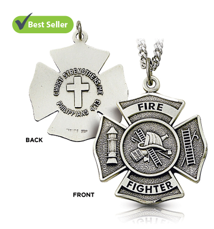 Sterling Silver Firefighter Shield Medal with Cross and Philippians 4:13 on Back - 1 1/8"