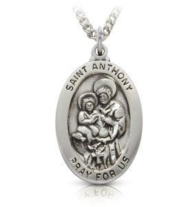 Sterling Silver Oval Medal of St. Anthony, Patron Saint of Lost Articles - 1" 