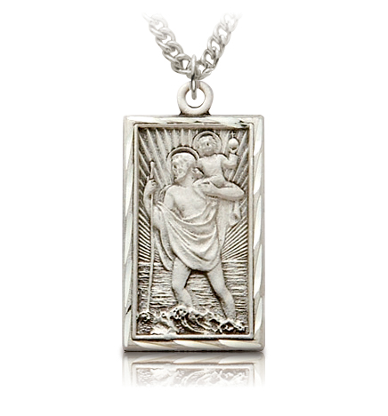 Sterling Silver Engraved Rectangular St. Christopher Medal - 1"