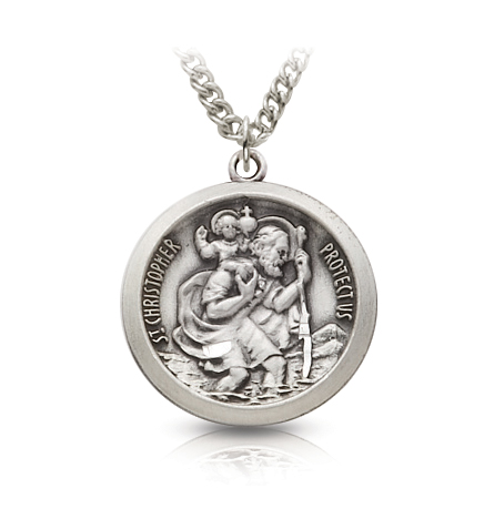 Sterling Silver Engraved Round St. Christopher Medal - 3/4"