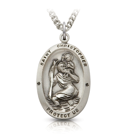 Sterling Silver Engraved Oval St. Christopher Medal - 1"