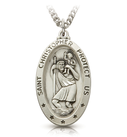 Sterling Silver Engraved Oval St. Christopher Medal - 1 1/8"