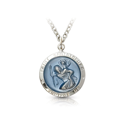 Sterling Silver Round Blue Inlay St. Christopher Medal - 5/8"