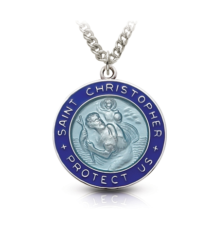 Sterling Silver Round Blue Inlay/Border St. Christopher Medal - 7/8"