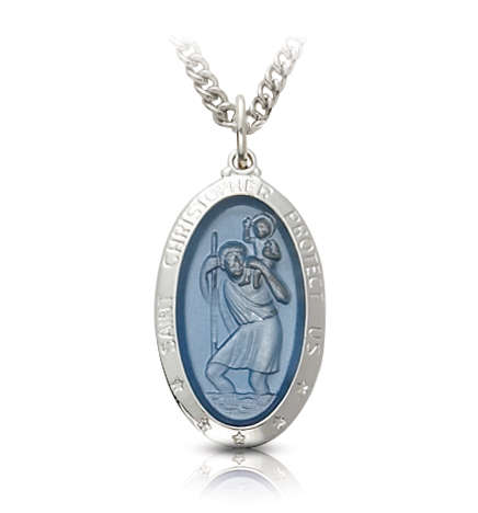 Sterling Silver Oval Blue Inlay St. Christopher Medal - 1"