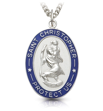 Sterling Silver Oval With Blue Border St. Christopher Medal - 1 1/16"