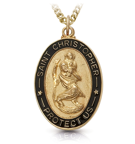 14K Gold Oval with Black Border St. Christopher Medal - 1 1/16"