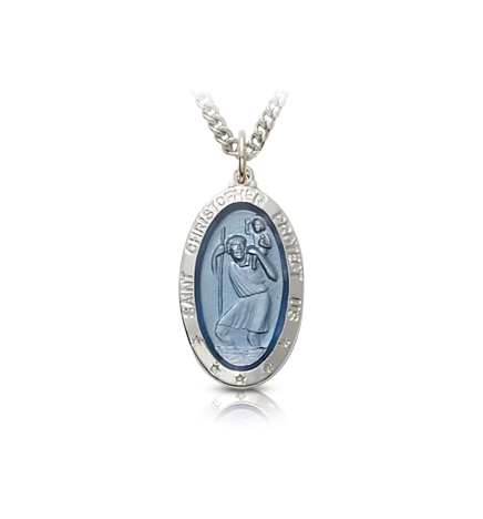 Sterling Silver Oval Blue Inlay St. Christopher Medal - 11/16"