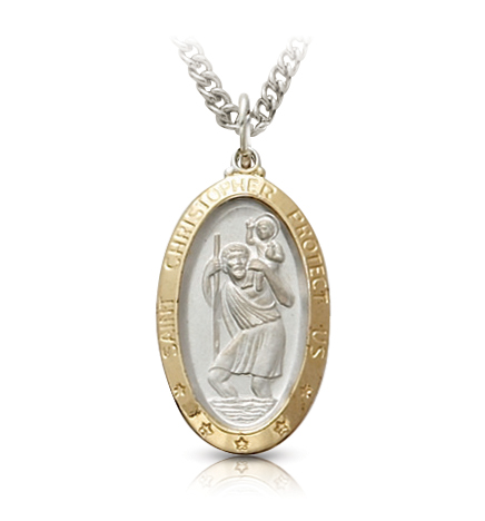 Oval Sterling Silver St. Christopher Medal With Gold Border - 15/16" [1]