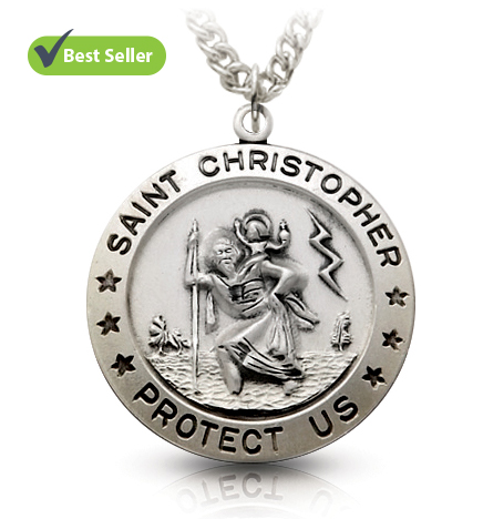 Sterling Silver Round Engraved St. Christopher Medal - 1 1/8"