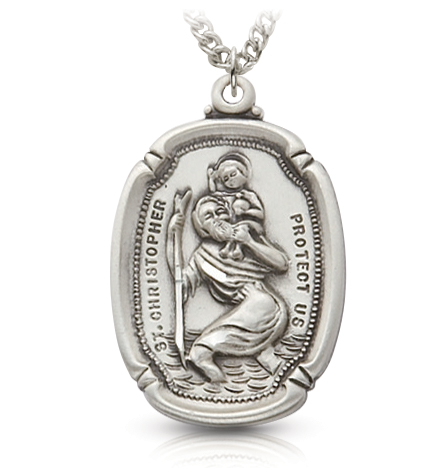 Sterling Silver Shield Engraved St. Christopher Medal - 1 1/4"