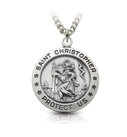 Sterling Silver Round Engraved St. Christopher Medal - 3/4"