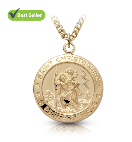 14K Gold Over Sterling Silver Round St. Christopher Medal - 7/8"