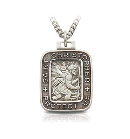 Sterling Silver Rectangular St. Christopher Medal - 13/16"