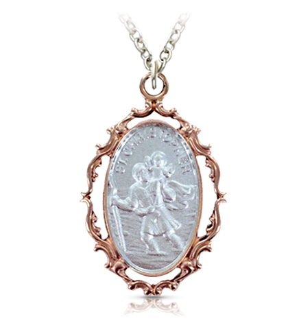 Sterling Silver with Rose Gold Plating St. Christopher Medal - 1"