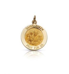 14K Gold Round St. Joseph Medal - 13/16""