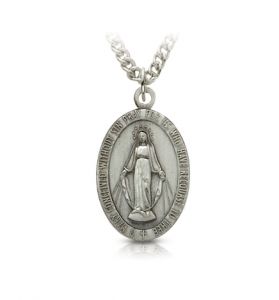 Sterling Silver Oval Miraculous Medal 
With Antique Finish - 7/8"