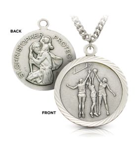 Sterling Silver St. Christopher Girl's Basketball Medal - 3/4"