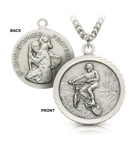 Sterling Silver St. Christopher Boy's Off Road Bike Medal - 3/4"