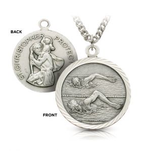 Sterling Silver St. Christopher Girls's Swimmer Medal - 3/4"