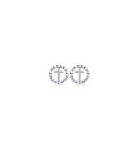 Sterling Silver Circle Cross Earrings with Cubic Zirconia Stones - 15/16" 