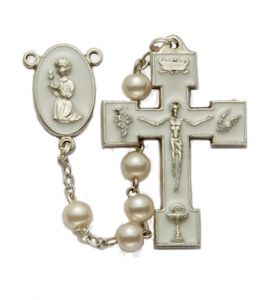 Pearl Beads and White Enamled Praying Girl Center Rosary