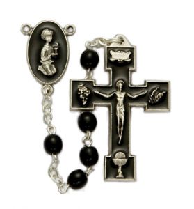 Black Wood Beads and Black Enameled Praying Boy Center Rosary