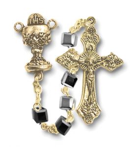 Square Hematite Beads Rosary with Crucifix and Chalice Center