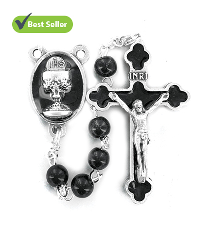 Round Black Glass Beads Rosary with Crucifix