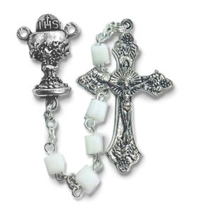 White Glass Beads Rosary with Crucifix and Chalice Center