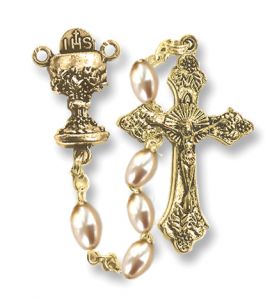 Imitation Pearl Beads Rosary with Crucifix and Chalice Center