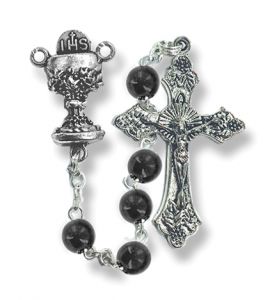 Round Black Glass Beads Rosary with Crucifix 
and Chalice Center