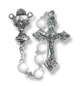 Round White Glass Beads Rosary with Crucifix 
and Chalice Center