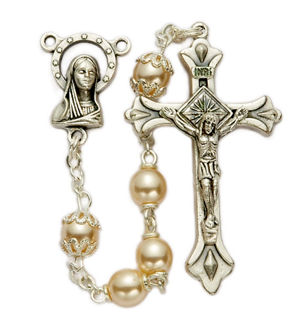 6mm Capped "Our Father" Pearl Beads and Madonna Center Rosary