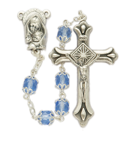 7mm Capped Sapphire Beads and Madonna & Child Center Rosary