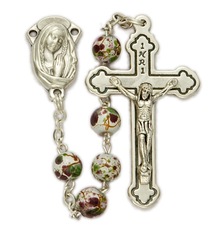 6mm Imitation White Cloisonné Beads & Madonna Center Rosary