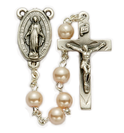 6mm Pearl Beads and Miraculous Center Rosary