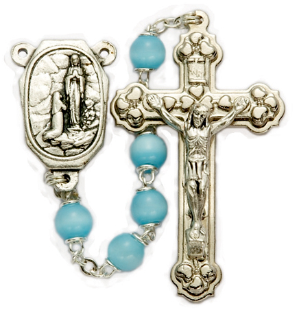 5mm Light Blue Beads & Our Lady of 
Lourdes Center Rosary