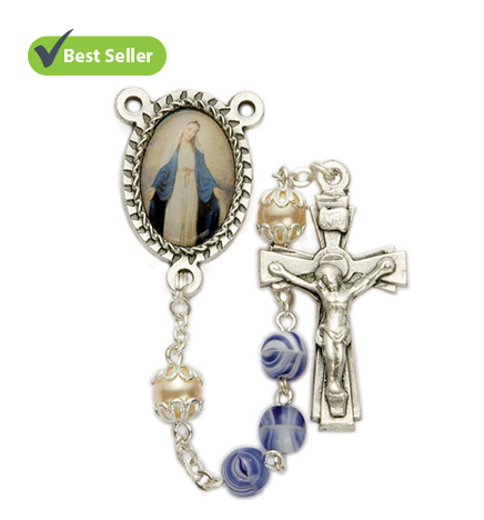 6mm Blue Glass Beads & Miraculous 
Photo Center Rosary