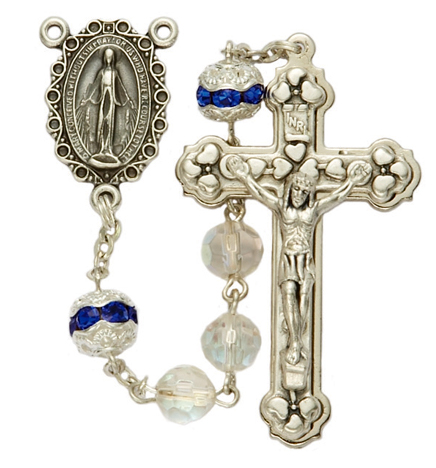 7mm Crystal Blue "Our Father" Beads & Miraculous Center Rosary