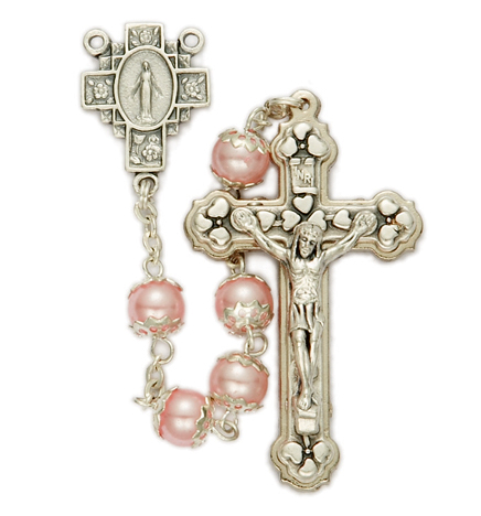 7mm Pink Capped Pearl Beads & Cross with Miraculous Center Rosary