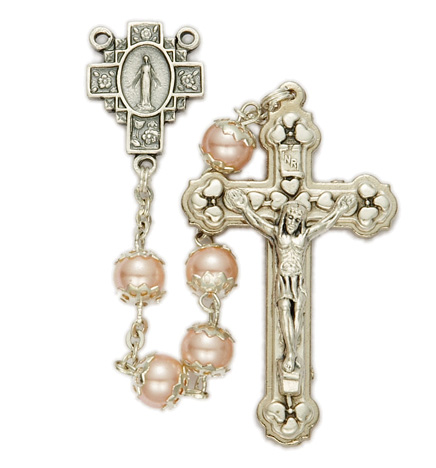 7mm Capped Pearl Beads & Cross with Miraculous Center Rosary