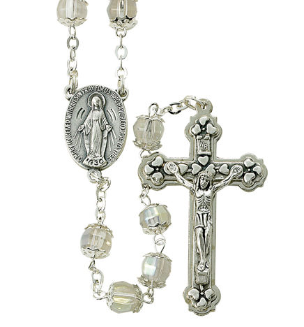 7mm Crystal Capped Crucifix Rosary Necklace w/ Silver Plated Center