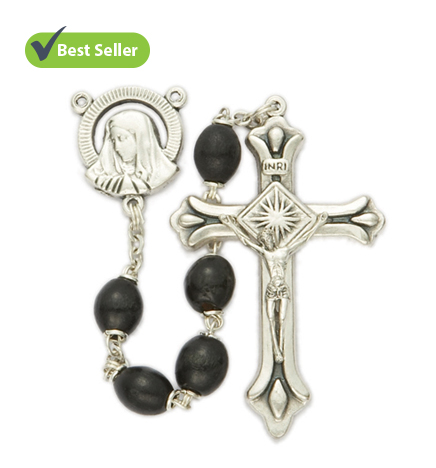 5mm Oval Black Wood Beads and 
Madonna Center Rosary