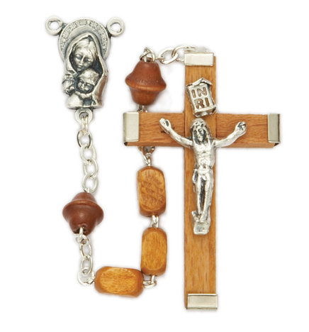 7mm Square Light Wood Bead & Maddona & Child Center Rosary