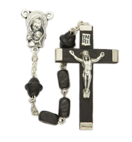 5mm Black Wood Beads and Madonna & Child Center Rosary